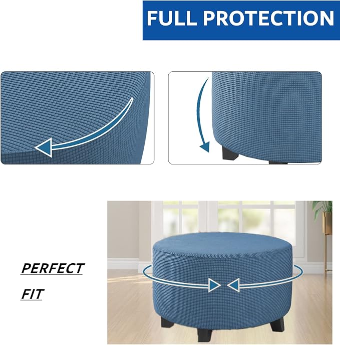 Stretch Ottoman Slipcover – Round Furniture Protector Fits 30"-41" Dia, for Footrests, Storage Ottomans & Folding Stools – Elastic Fabric Cover (Dusty Blue, X-Large)