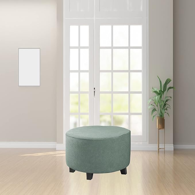 Stretch Ottoman Slipcover – Round Furniture Protector Fits 24"-29" Dia, for Footrests, Storage Ottomans & Folding Stools – Elastic Fabric Cover (Pool, Large)