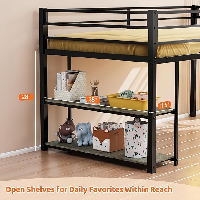 JOYMOR Low Loft Bed Twin Size with 3 Storage Drawers, 2 Tier Storage Shelves, 2 Tier Bookcase and LED Lights, Metal Kids Loft Bed with Safety Guardrail, Spave Saving Design (Black)