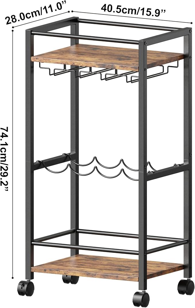 Bar Cart, Home Bar Serving Cart, Mobile Kitchen Carts with Wheels, Small Rolling Cart with Wine Rack and Glass Holders, Rolling Beverage Cart for Kitchen, Dining Room, Living Room, Rustic Brown