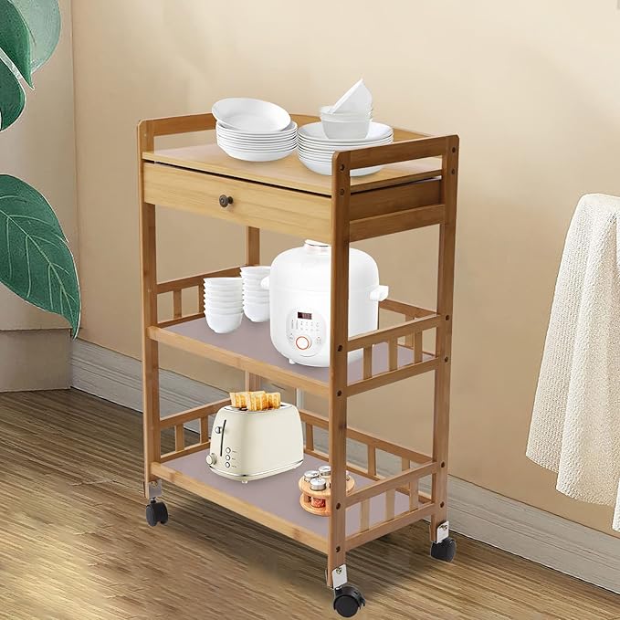Bamboo Home Kitchen Island Trolley with Storage Drawer Stand 3 Tiers Shelves Cart Mobile Kitchen Utility Cart Storage Shelf Rack for Dining Room