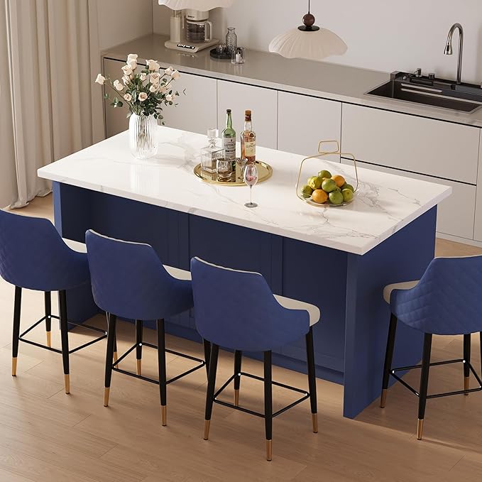 homary 72" Modern Kitchen Island with Storage, White Marble-Effect Engineered Wood Top, Modern Kitchen Table for Dining Room, Blue