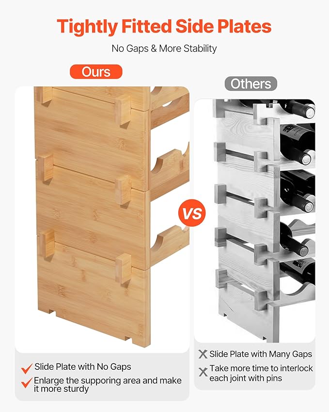VEVOR 72 Bottle Stackable Modular Wine Rack, 8-Tier, Floor Freestanding Wine Storage Rack, Sturdy Wines Holder Display Shelf, Wobble-Free Shelves, Easy Assembly, for Kitchen, Cellar, and Bar, Natural