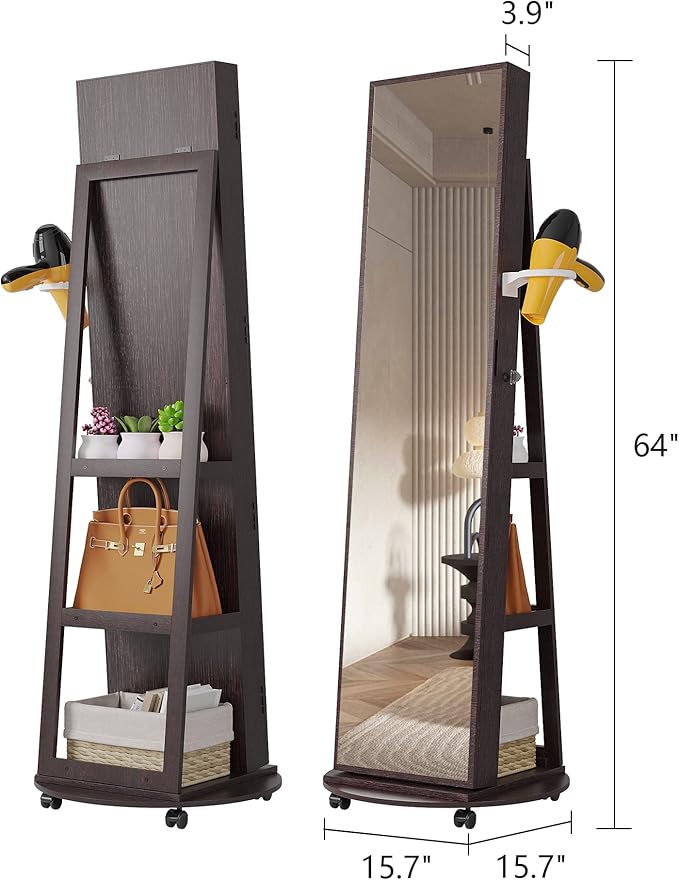 HNEBC 360° Swivel Jewelry Armoire with Mirror, LED Mirror Jewelry Cabinet Standing, Full Length Mirror with Jewelry Storage, Standing Jewelry Organizer/Lockable Wheels/Foldable Makeup Shelf (Brown)