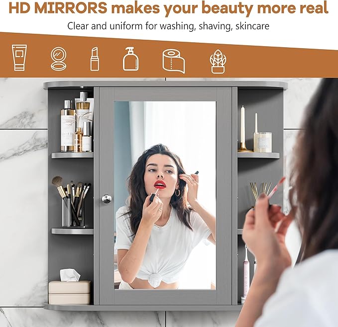 Bathroom Mirror Cabinet Wall Mounted, Medicine Cabinet with Mirror and 6 Open Shelves, Modern Bathroom Wall Cabinets Medicine Cabinets, Grey