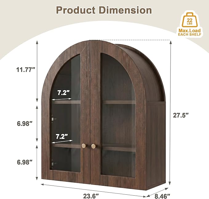 Arched Wall Cabinet, Bathroom Cabinet Wall Mount with Glass Doors & Adjustable Shelf, Floating Medicine Cabinet for Bathroom, Kitchen, Living Room Storage, Walnut