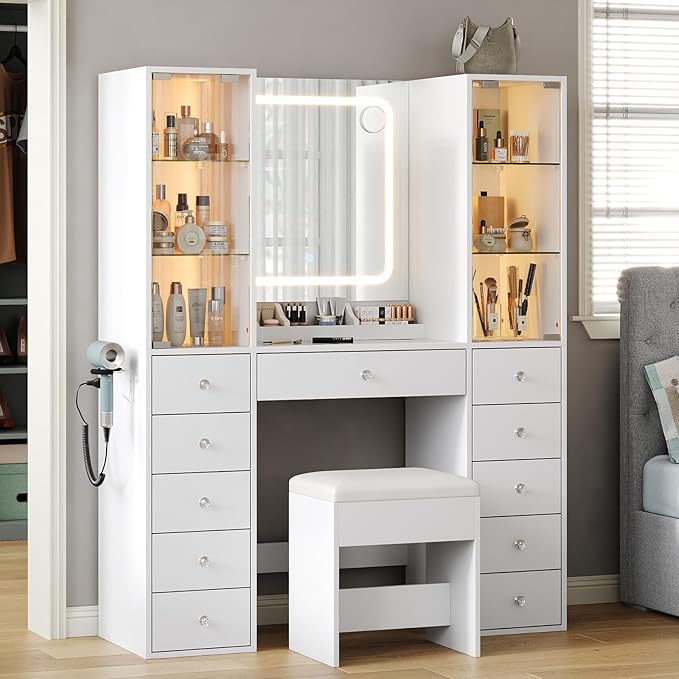 Yanosaku Vanity with 11 Drawers & 2 RBG Lights Cabinets, Makeup Vanity with Mirror and Lights, Vanity Desk with Power Outlet, Tempered Glass Top, Ample Storage, Makeup Vanity Desk for Bedroom, White