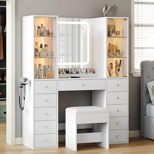 Yanosaku Vanity with 11 Drawers & 2 RBG Lights Cabinets, Makeup Vanity with Mirror and Lights, Vanity Desk with Power Outlet, Tempered Glass Top, Ample Storage, Makeup Vanity Desk for Bedroom, White