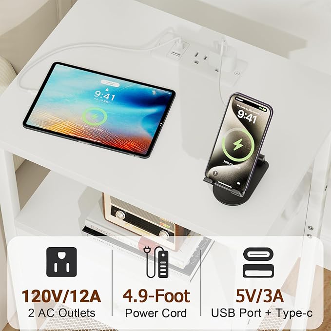 LOAKEKEL Night Stand, Nightstand with Charging Station, Slim Industrial Bedside Table with 2 Fabric Drawers, Small End Table with USB & Type-C Ports for Bedroom, White, HETS020WT-1