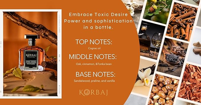 KORBAJ PARFUMS トキシックデザイア - 男女兼用アラビアンパフューム、EDPメンズコロン、コニャックオイル、オークアブソリュート、シナモンエッセンス、トンカビーン - サンダルウッド、プラリネ - バニラパフューム 100ml