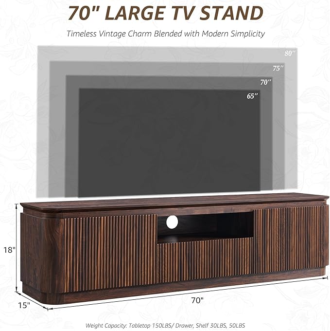 70" Fluted TV Stand for TVs Up to 80", Mid Century Modern Entertainment Center with Drawer, Storage Cabinet, Open Shelf, Wood Low Profile Media TV Console for Livingroom, Dark Walnut