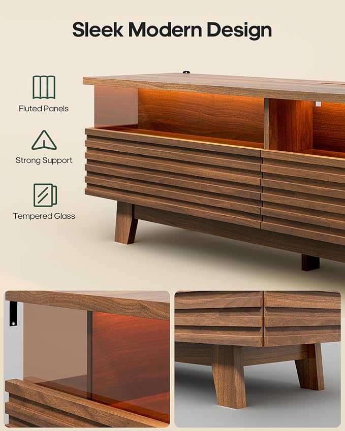 HAUOMS 70.9”TV Stand for Living Room with Cable Management, Hidden Power Station, LED Lights, Media Console up to 80", Entertainment Center, Fluted Modern TV Cabinet with Storage, Anti-Tip, Walnut