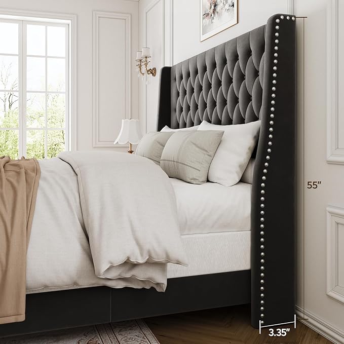 Full Bed Frame with 55" Tall Headboard, Upholstered Bed Frames, Soft Fabric, Button Tufted Headboard with Windback, Platform Bed, Noise-Free, No Box Spring Needed, Grey