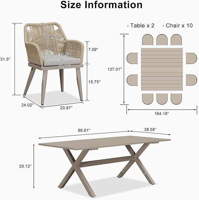 PURPLE LEAF 12 Pieces Outdoor Patio Dining Sets All-Weather PE Rattan Furniture Set with All Aluminum Frame Outdoor Table and Chairs Set for 10 People Lawn Garden Backyard Deck, Champagne