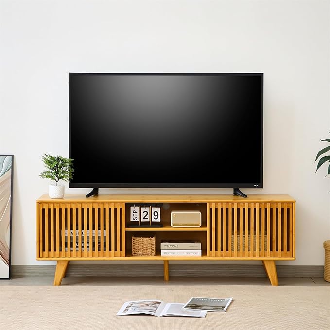 Bamboo TV Stand for TVs up to 65", Accent Entertainment Center with Storage, Media Console Table with Sliding Fence Door, Modern TV Stand for Living Room, Bedroom, 55"(L), Burlywood
