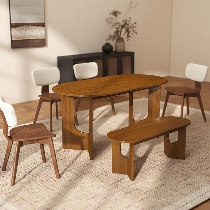 VESCASA 47.25" L Walnut Wood Oval Bench, Solid Wood Dining Bench with Wooden Legs for Dining Room, Restaurant, 2 Pieces