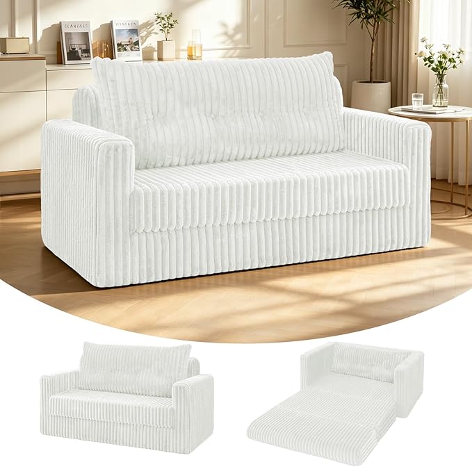HABUTWAY 49.8" Loveseat Boneless Couch, 4-in-1 Convertible Sofa Bed, Plush Fur Folding Futon Sofa Bed Couches with a Pillow for Living Room, High-Density Foam Support, No Assembly Required, Beige