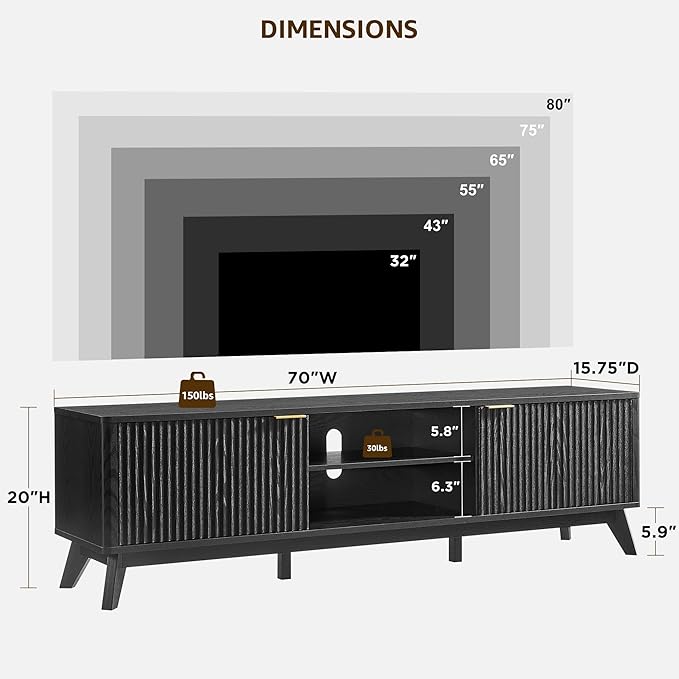 OKD 70" Mid Century Modern Fluted TV Stand, Entertainment Center, Sideboard, Media Console for Living Room with 2 Soft Close Door/Adjustable Shelves (Black Oak)