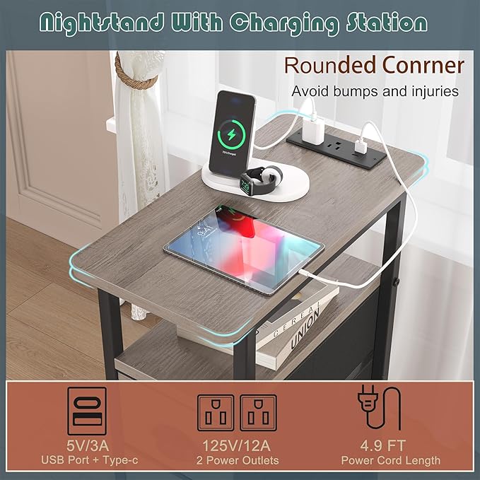 sthmec End Table with Charging Station,LED Side Tables with USB Ports and Outlets,Skinny Bedside Tables with 3 Drawers,Small Tabls Nightstands for Small Space,Slim Sofa Table for Livingroom, Grey