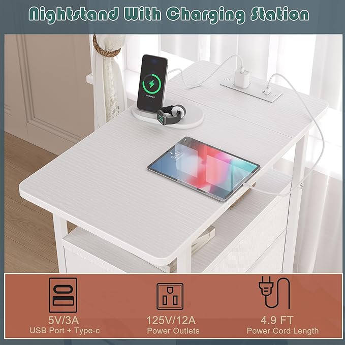 sthmec End Table with Charging Station, Side Tables Livingroom with USB Ports and Outlets,Narrow Nightstands Bedside Tables with 3 Drawers PU Finish for Small Space,Slim Sofa Table Bedroom,White