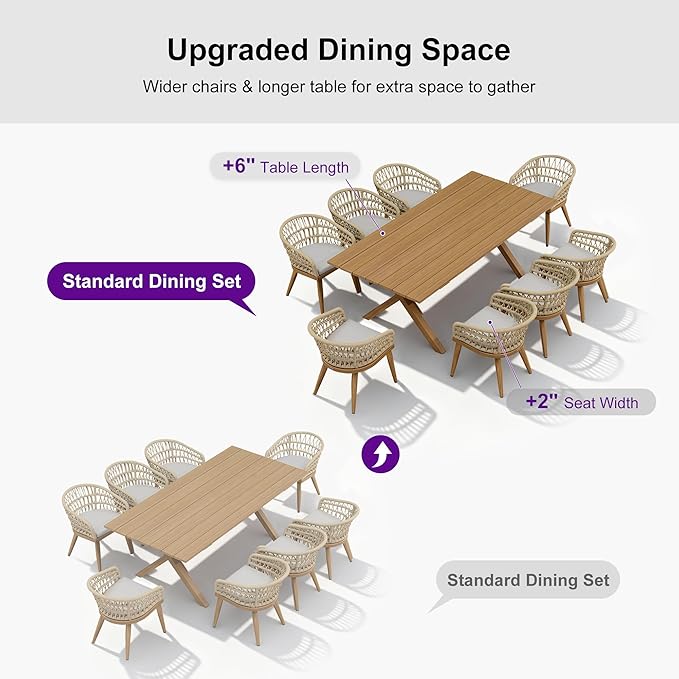 PURPLE LEAF 9 Pieces Outdoor Dining Set All-Weather PE Rattan Outdoor Patio Furniture Set with All Aluminum Frame Rectangular Table and Chairs Set for Lawn Garden Backyard Deck, Teak
