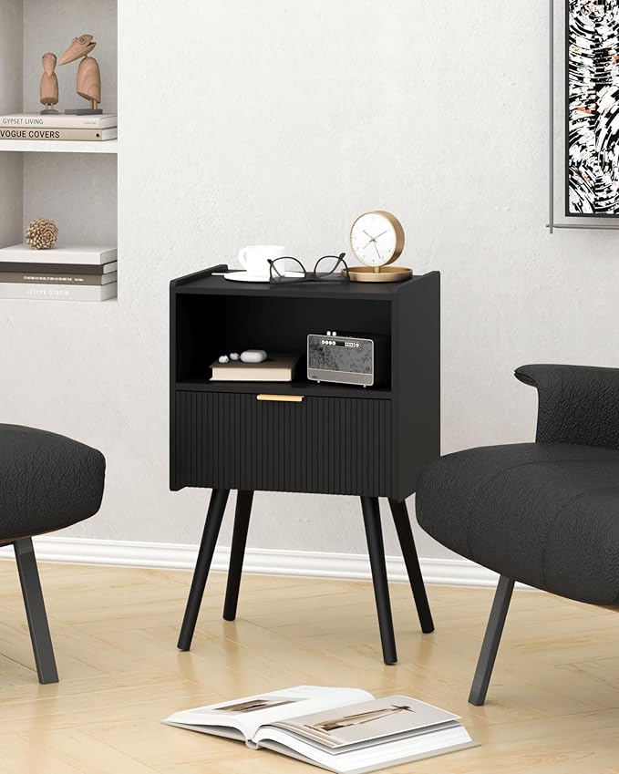 JOONEE Black Nightstand,Modern Bedside Table with Storage Drawer and Open Wood Shelf, for Living Room, Bedroom and Small Spaces, Accent Night Stand with Solid Wood Legs, Easy Assembly,Classic Black