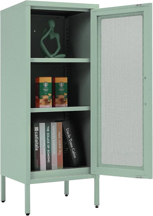Slim Metal Storage Cabinet with Mesh Doors - 42'' Tall Narrow Organizer Tower, Compact Freestanding Cabinet, Versatile Utility Storage for Home, Office, Kitchen, Living Room, Durable and Modern Design