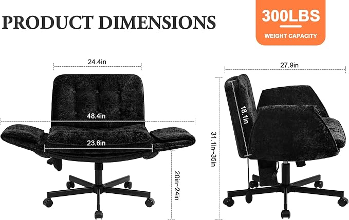 Criss Cross Chair with Lumbar Airbag & Folding Arms Relieve Back Pain, Wide Cross Legged Office Chair for Home Office, Comfy Swivel Desk Chair with Wheels, 5 Level Adjustable Armrest, Chenille(Black)