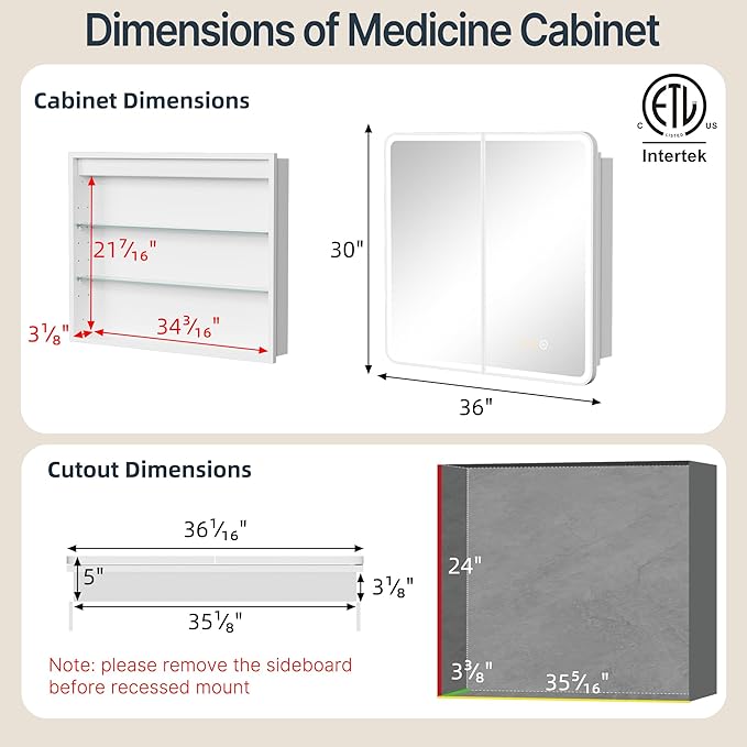 36x30 Inch Medicine Cabinet with Mirror, Recessed or Surface Mount Bathroom Medicine Cabinet with LED Lights, Anti-Fog, Memory Function, Adjustable Shelf, Dimmable Light, ETL Listed, White
