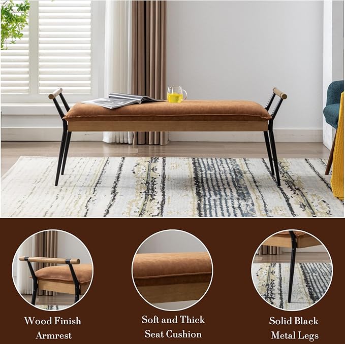 HEAH-YO Modern Dining Bench, 51 Inches Entryway Bench with Armrests, Upholstered PU Leather End of Bench for Bedroom, Brown