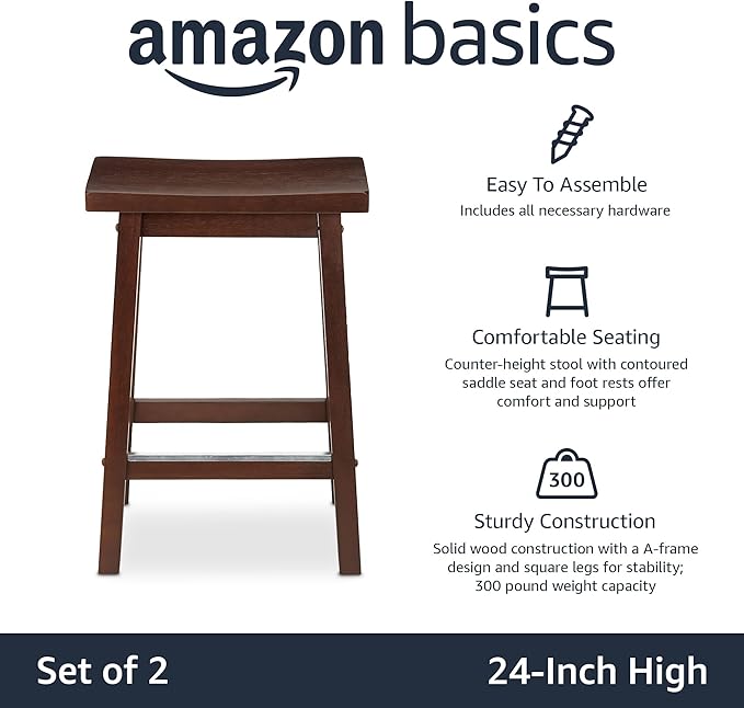 Amazon Basics Solid Wood Saddle-Seat Counter Height Bar Stools for Kitchen Island with Footrest, 24-Inch Height, Walnut, Set of 2
