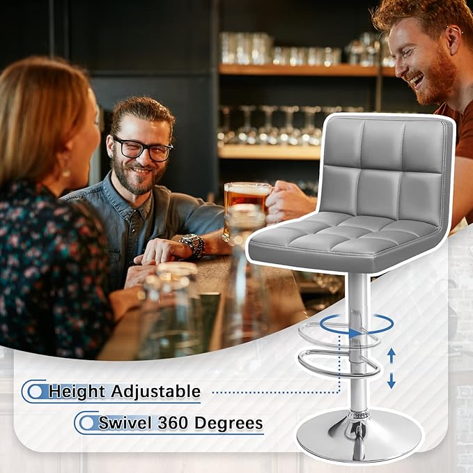 Homall Bar Stools Modern PU Leather Adjustable Swivel Barstools, Armless Hydraulic Kitchen Counter Bar Stool Extra Height Square Island Barstool with Back Set of 2 (Leather, Gray)