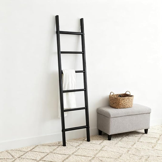 Wooden Blanket Ladder - Natural & Motley Wood - Leaning Wall Decor for Bedroom, Bathroom, Living Room - Rustic Quilt Holder & Towel Rack (Black Wood Color, 76in（6-Tier）)