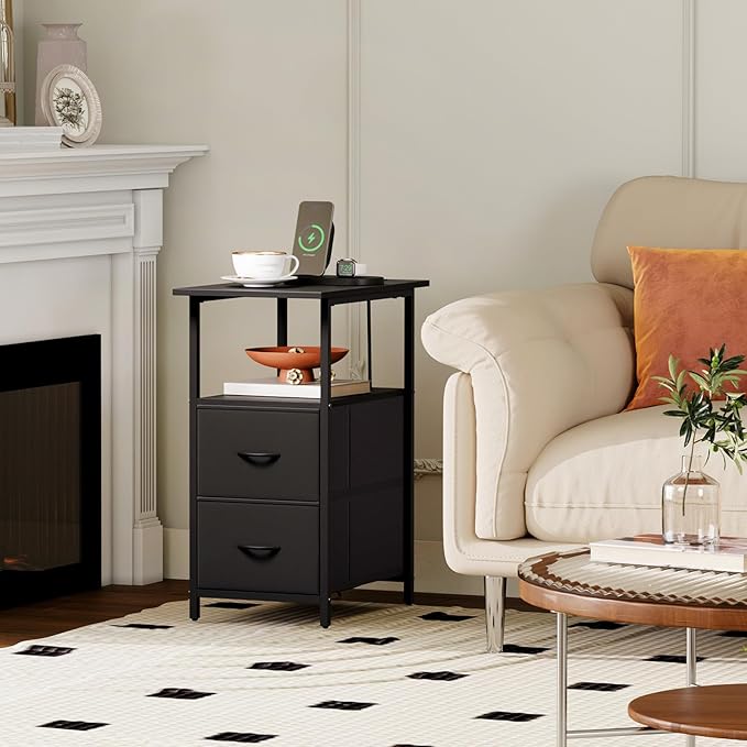Somdot End Table Set of 2 with Charging Station, Narrow Side Table with 2 Fabric Drawers, Skinny Nightstand with Storage, Small Slim Bedside Table for Living Room, Sofa, Bedroom, Couch, Black