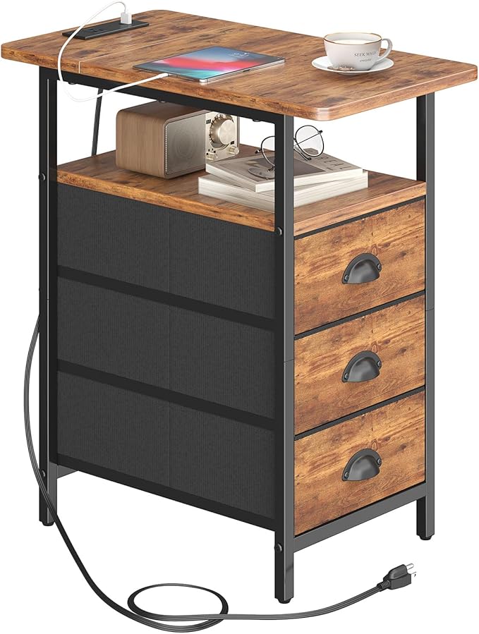 sthmec End Table with Charging Station, Side Tables Livingroom with USB Ports and Outlets,Narrow Nightstands Bedside Tables with 3 Drawers for Small Space,Slim Sofa Table Bedroom,Rustic Brown
