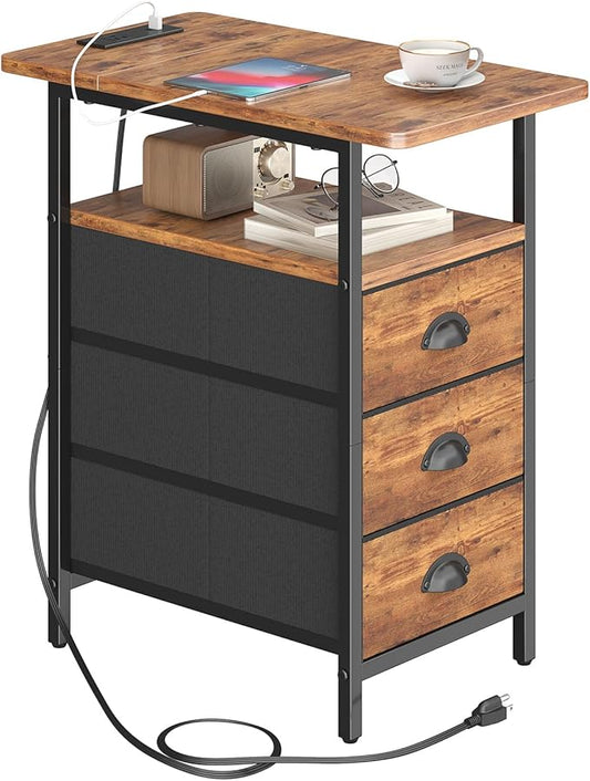 sthmec End Table with Charging Station, Side Tables Livingroom with USB Ports and Outlets,Narrow Nightstands Bedside Tables with 3 Drawers for Small Space,Slim Sofa Table Bedroom,Rustic Brown