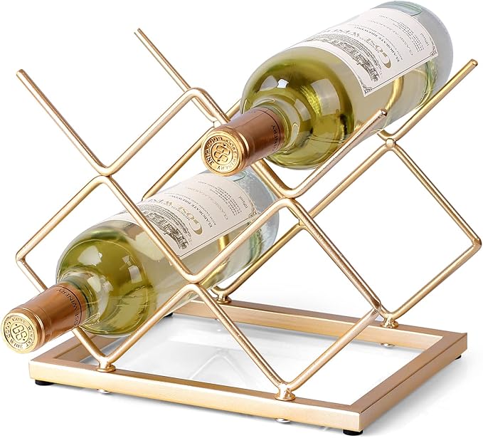 Countertop Wine Rack - 5 Bottle Freestanding Modern Gold Metal Small Wine Rack - Tabletop Wine Holder Stand for Cabinet, Pantry, Wine Bottle Storage…