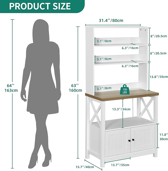 YITAHOME White Microwave Stand Bakers Rack Cabinet, Farmhouse Freestanding Small Kitchen Pantry Hutch Tall w Door Power Outlet Thickened Counter, Coffee Bar Storage Shelves