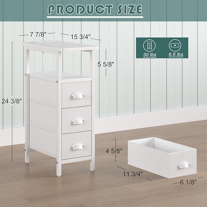 Sthmec End Table with Charging Station,Narrow Side Tables with USB Ports and Outlets,Skinny Bedside Tables with 3 Drawers,Small Tables Nightstands for Small Space,Slim Sofa Table for Livingroom, White