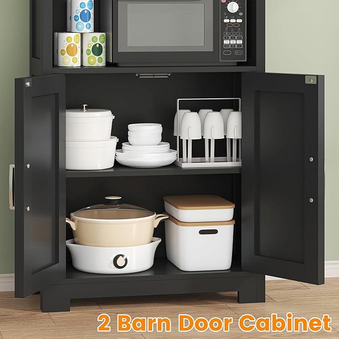 Saudism Farmhouse Black Storage Cabinet with Doors and Drawers, Freestanding Kitchen Pantry Cabinet, Floor Storage Cabinet Hutch Cupboard for Kitchen/Laundry/Living Room (Black)