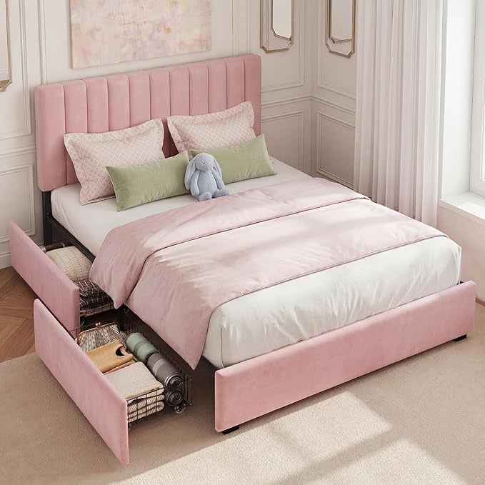 Welzona Queen Size Velvet Bed Frame with 2 Storage Drawers, Fully Upholstered Metal Platform Corner Bed Frame with Vertical Tufted Headboard, 3-Level Height, Easy Assembly, No Box Spring Needed, Pink