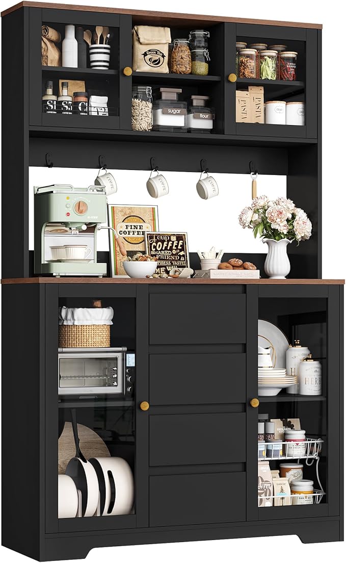 HIFIT 71" Tall Coffee Bar Cabinet with Storage and Large Countertop, Kitchen Hutch with 4 Drawers & 5 Metal Hooks & 4 Doors & Microwave Stand, Black Kitchen Pantry Cabinet for Dining Room