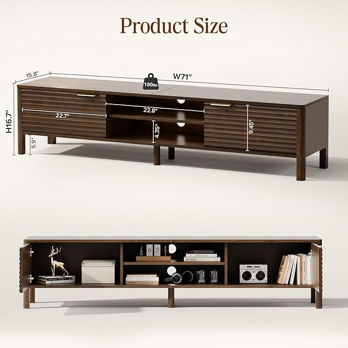 IKALIFE TV Stand for Living Room - up to 80 Inch TVs Mid Century Modern Entertainment Center with Storage and Adjustable Shelves, Media Console Table Walnut 70"