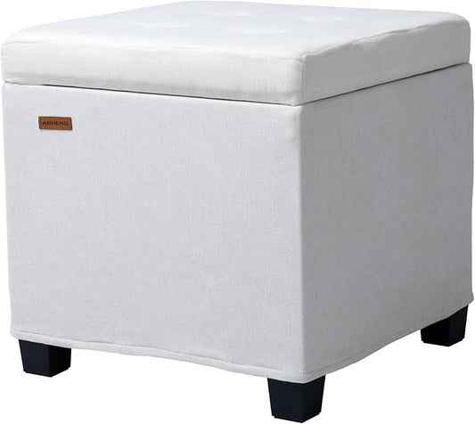 ABHENG Chenille Cover Steel Frame Ottoman with 48L Storage,17.7" x 17.7" x 17.7" Square Linen Storage Ottoman Stool Cube with Legs,for Dorm Livingroom White UASND641W