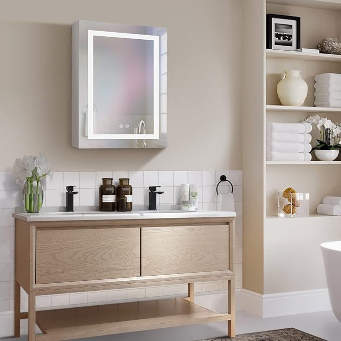 Lighted Medicine Cabinet for Bathroom with Mirror, 20" x 28" LED Medicine Cabinet with Lights, Wall Mounted with Storage Shelves, Dimmable Light, Anti-Fog