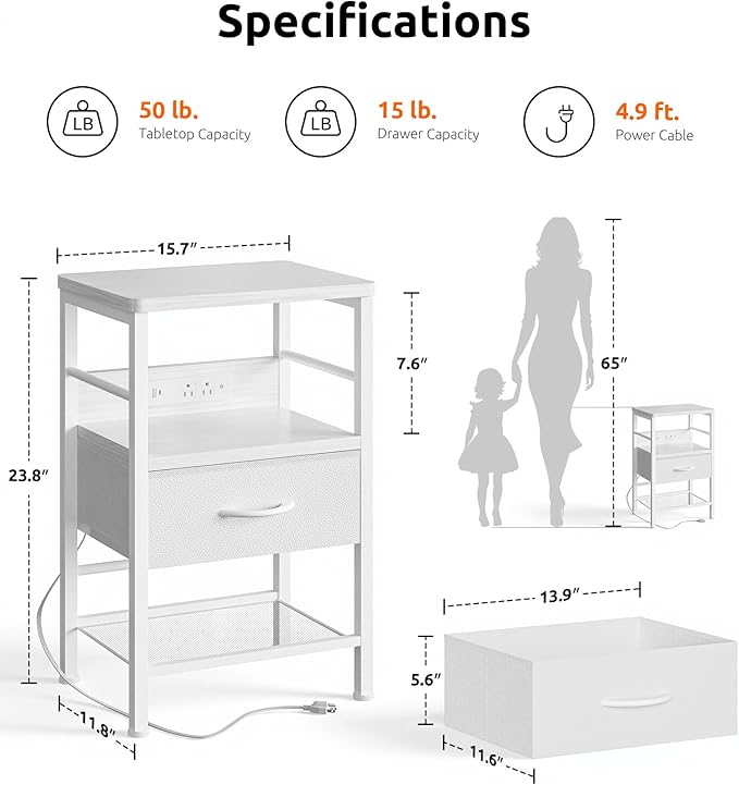 Lazzanto Nightstands Set of 2 with Charging Station, Bed Side Tables with Open Shelf & Hooks, End Tables with USB-C USB-A Ports AC Outlets, Night Stand for Bedroom with Fabric Drawer, White