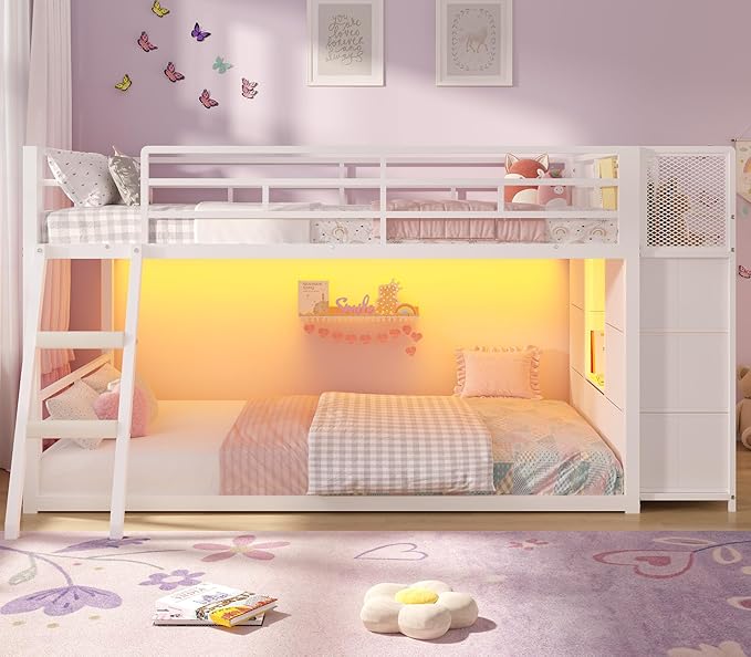 BTHFST Low Bunk Bed Twin Over Twin with 7 Large Fabric Drawers & Bookshelf, Metal Bunk Bed with RGB LED Lights & Slanted Ladder & Safety Guardrail, Kids Low Loft Bed Twin for Small Space, White