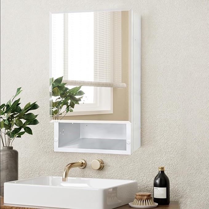 16x26 inch Bathroom Medicine Cabinet with Mirror, Platstic Framed Beveled Edge Mirror Cabinet with Removable Shelves, Extra Storage Space, Recessed or Surface Mount