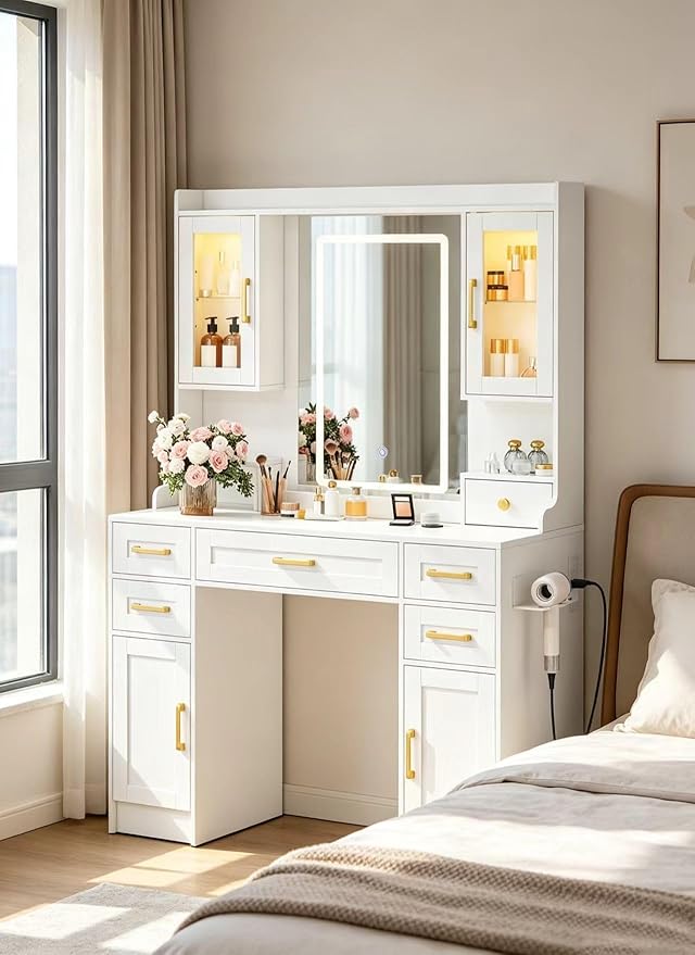KAMABOKO Vanity Desk with Mirror and LED Lights & Power Outlet, Large Makeup Vanity Table with 5 Drawers and 4 Storage Cabinets, White Dressing Table for Bedroom