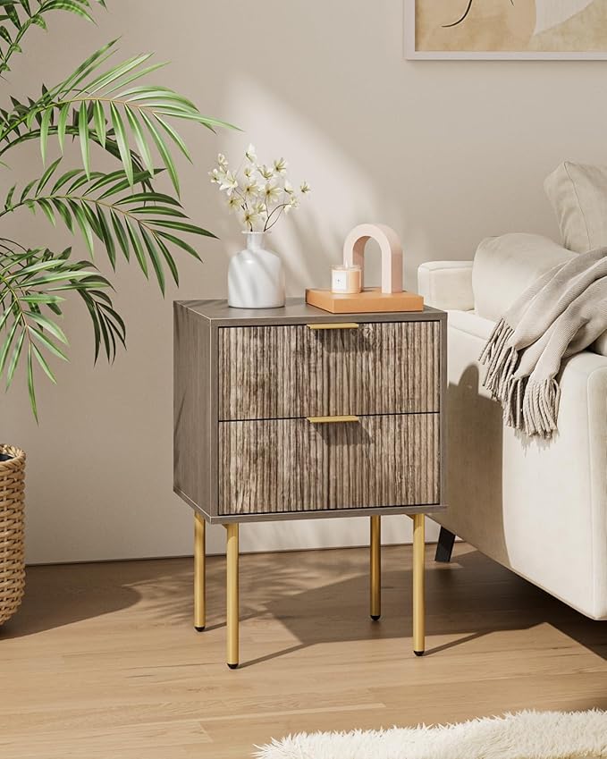 Aienvey Night Stand, Modern Nightstand with Drawers, Bedside Table, Gold Small Side Table for Bedroom, Living Room End Table (Grey Stripe, 2 Drawers)